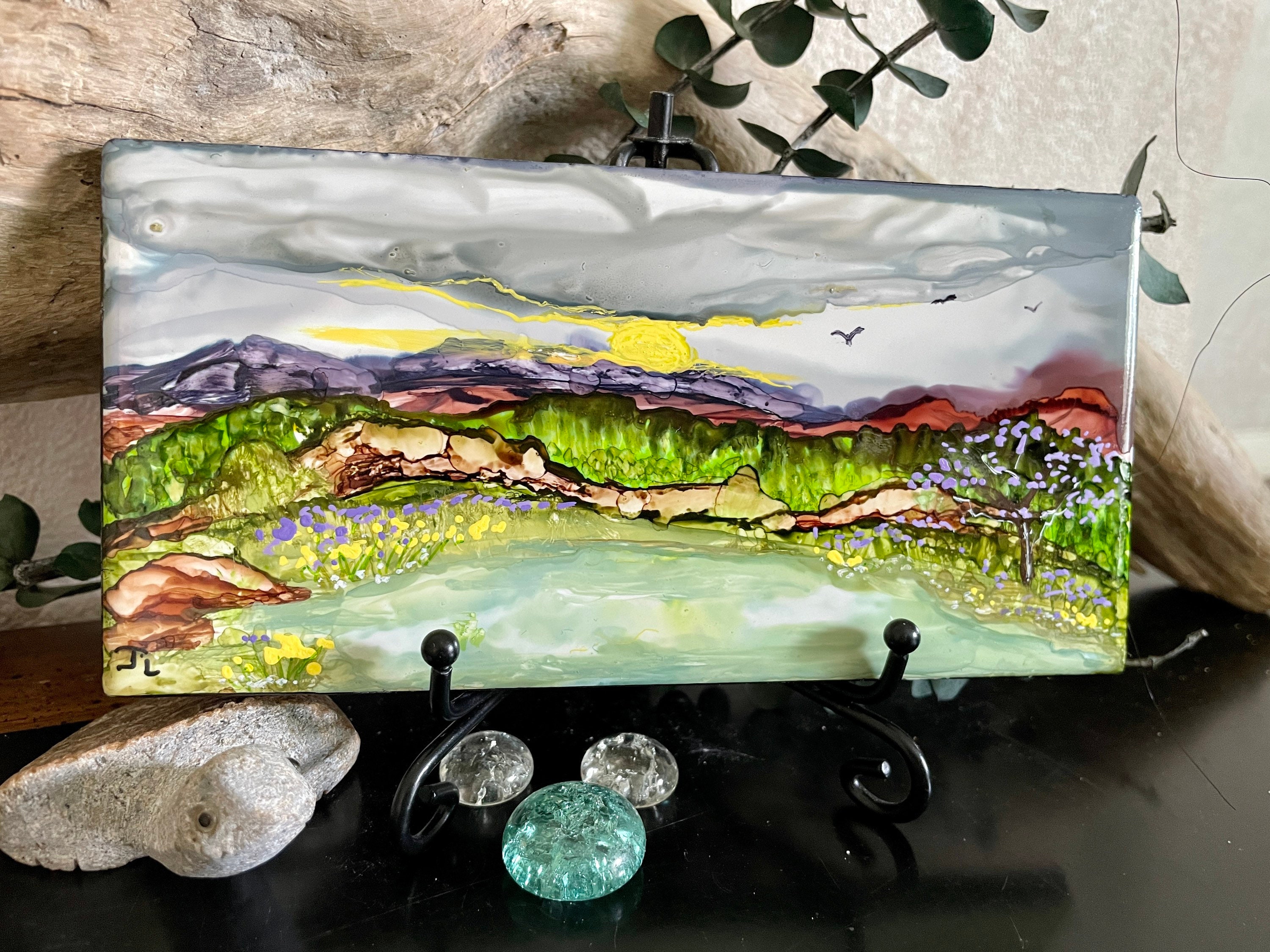 Alcohol Ink Landscape Painting on Ceramic Tile with Easel (3x6 inch)