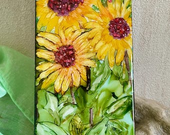NEW!  Oversized Hand-Painted Sunflower Alcohol Ink Tile with Crushed Glass accents.  (4 1/2”x 8 3/4”) easel included