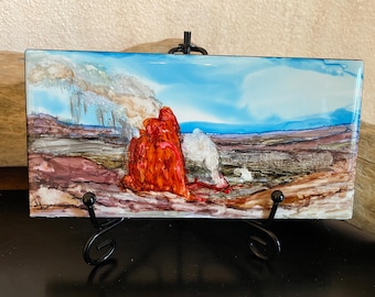 Hawaii, Kilauea Volcano eruption.  Original Alcohol Ink Painting on Ceramic Tile (3x6 inch).