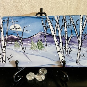 New!  Winter Birch. Snowy MountainLandscape on 3x6” ceramic art tile. Hand painted alcohol ink.