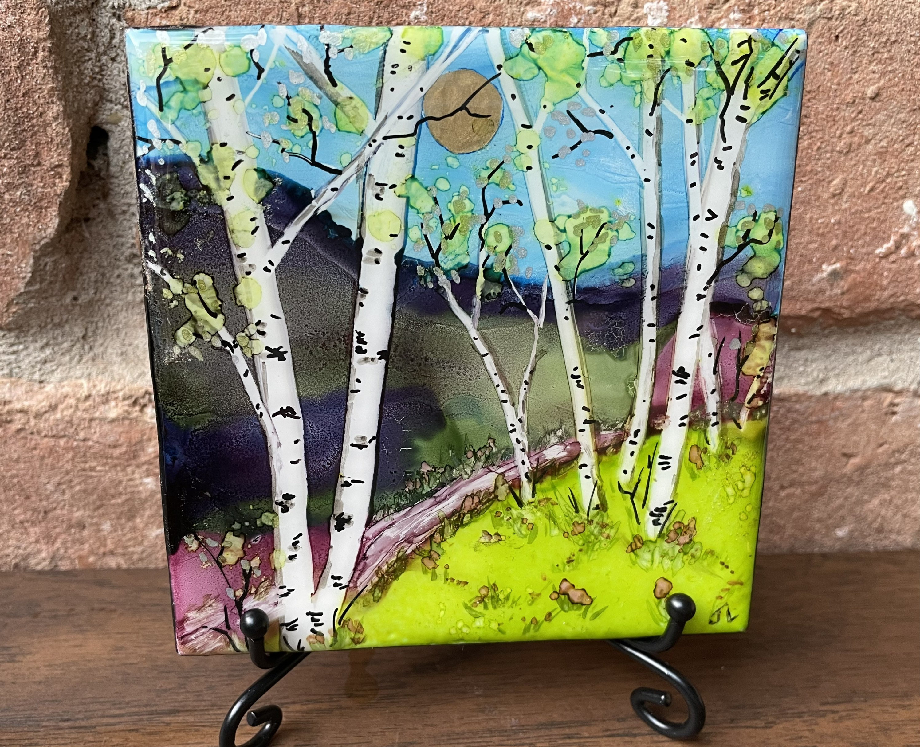 Birch Tree Alcohol Ink Tile Art: Golden Sun Landscape, 4" Easel Decor