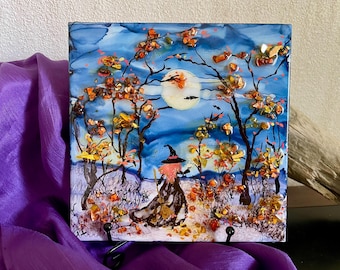 Autumn Witch Ceramic Tile Art, Crushed Glass Accents, Alcohol Ink Painting, Resin Finish
