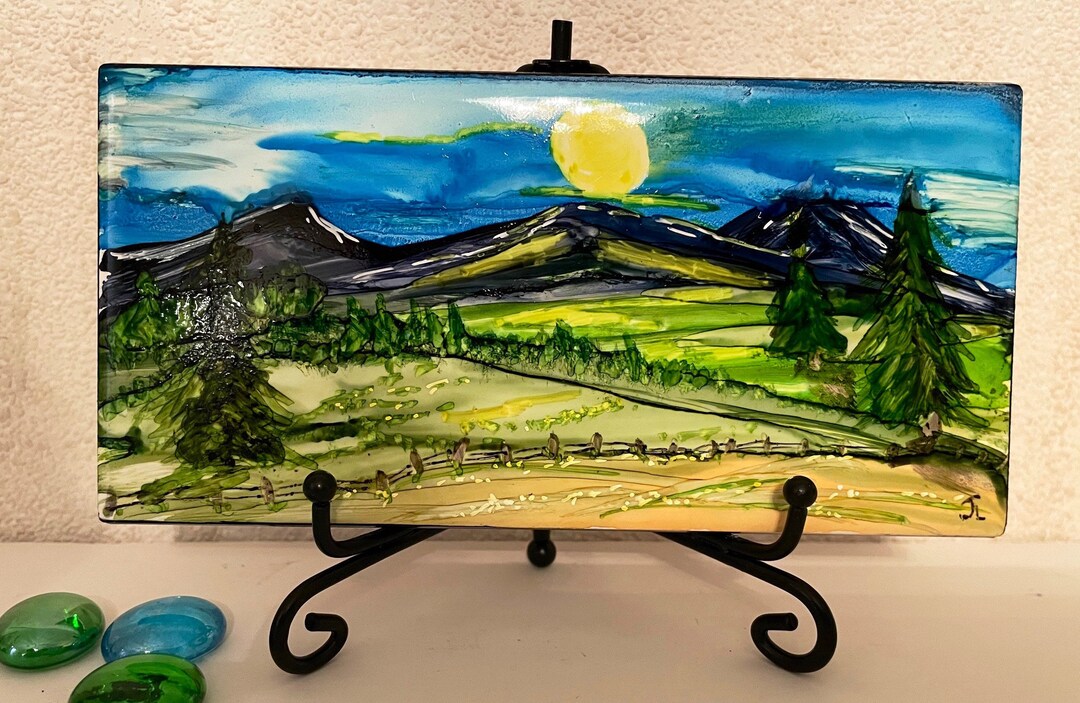 Summer Mountains 3x6 Ceramic Tile, Painted With Alcohol Ink and Epoxy