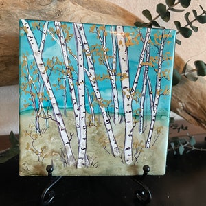Birch Forest. Alcohol Ink painting on 4x4” Ceramic Tile, epoxy resined and cork backed. Table top small art accent. Gift item.