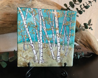 NEW! Birch Forest. Alcohol Ink painting on 4x4” Ceramic Tile, epoxy resined and cork backed. Table top small art accent. Gift item.