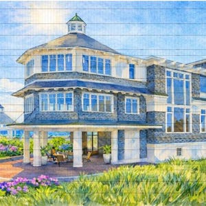 Pode incluir: Pintura em aquarela de um edifício de vários andares com telhado azul e fachada de pedra. O edifício tem janelas grandes e uma varanda coberta com colunas brancas. Grama verde e flores roxas em primeiro plano.