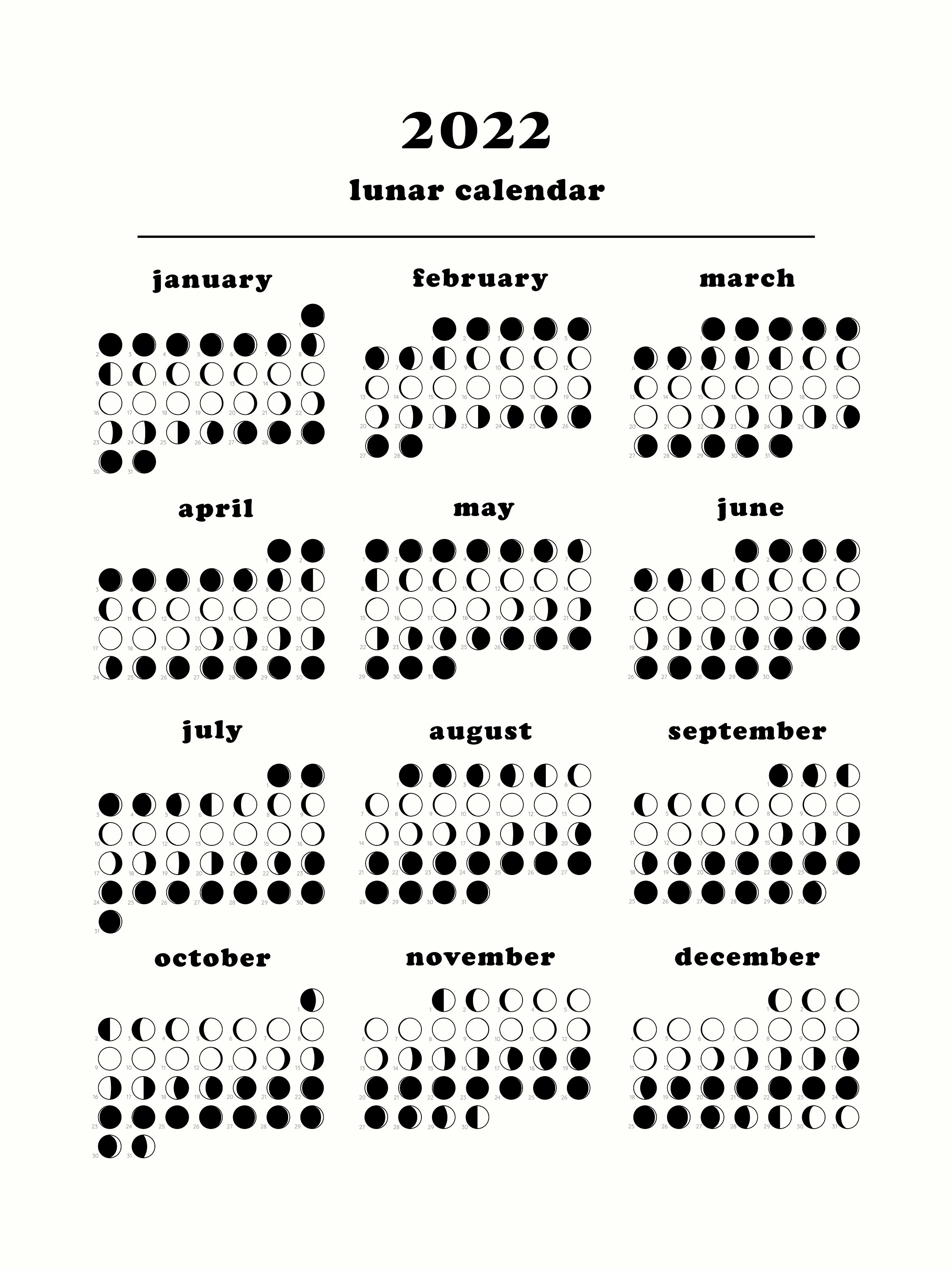 Lunar Calendar 2022 2022 Lunar Calendar Printable Calendar Etsy