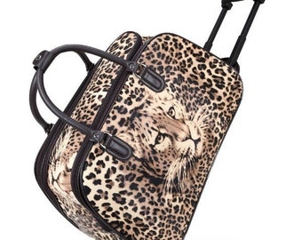 New Ladies Women's Travel Holdall Trolley Luggage Bag with Wheels Holiday Bags - HOLDALL-AT112-LEOPARD