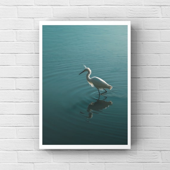Egret Art Print: Minimalist Bird Photography, Blue Nature Wall Decor