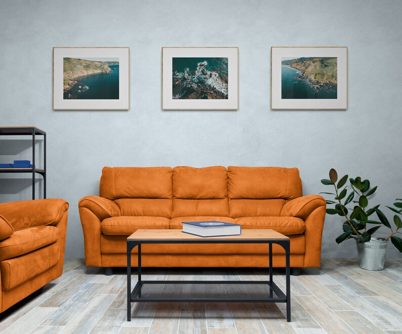 May include: A living room interior with a brown leather sofa, a coffee table, and a shelf unit. Three framed pictures of coastal landscapes hang on the wall above the sofa. A potted plant sits on the floor next to the sofa.