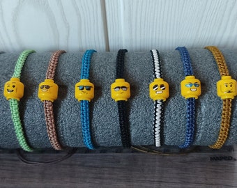 bracelet macramé tête jaune minifigure, moc, brique de construction, fête des pères (non officielle)