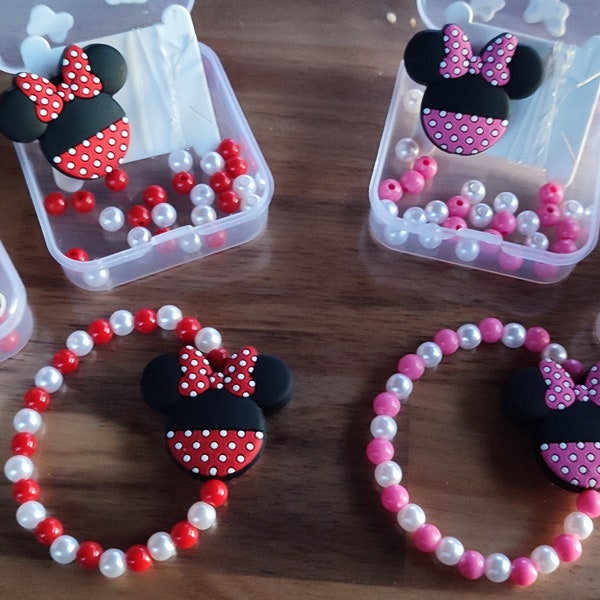 kit bracelet à faire soi même, Minnie, rose ou rouge, diy, cadeau enfant