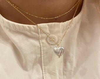 Heart Pearl Necklace, Gold Filled Heart Pearl Chain, Handmade Pearl Necklace, Gift For Her