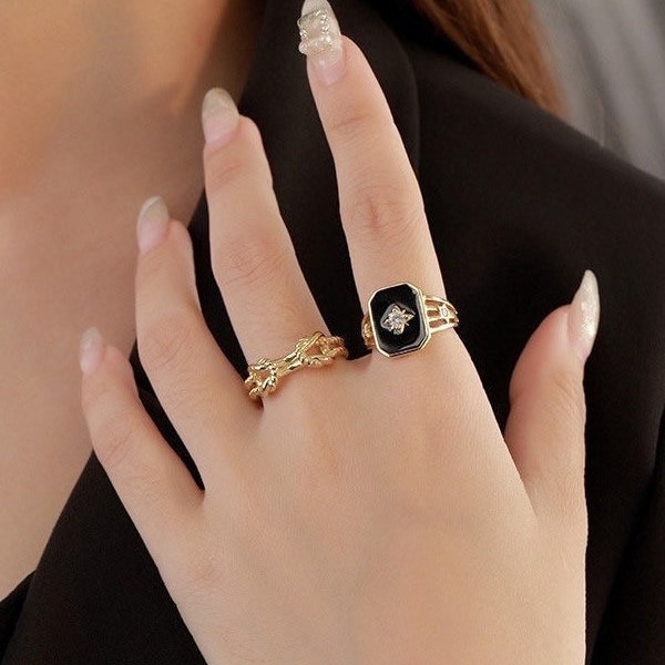 Black Onyx Ring, Black Enamel Tablet Zircon Starburst Adjustable Statement Ring