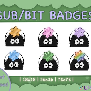 Puede incluir: Seis insignias animadas diferentes que representan una criatura negra y peluda con ojos grandes que lleva un sombrero en forma de estrella de varios colores. El texto "SUB/BIT BADGES" está en la parte superior de la imagen. El texto "Descarga instantánea" está en la parte inferior izquierda de la imagen. El texto "| 18x18 | 36x36 | 72x72 |" está en la parte inferior central de la imagen. El texto "Zremmas" está en la parte inferior derecha de la imagen.