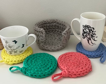 Colourful crochet stacking coaster set with storage basket, recycled yarn coasters