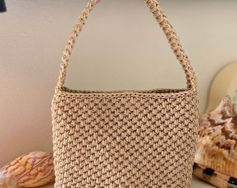 Crochet polyester macrame handbag, golden beige hand and shoulder bag