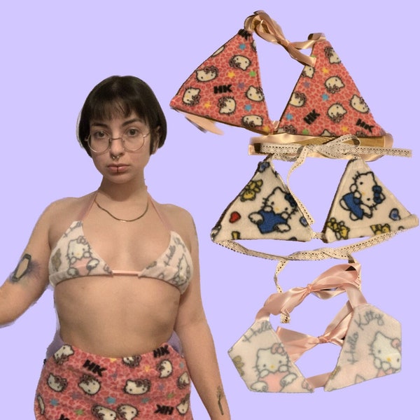 Handmade Kitty Bralette | HK Bra | Kittycat Top | Y2K Crop Top | Hand Made Kitty Shirt | Halter Top | Custom Bralette | Kawaii Lingerie