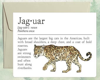 Handgemaakte jaguarkaart, leuk dierenvriendcadeau, woordenboekdefinitie dierenwenskaart
