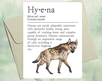 Handgemaakte hyenakaart, leuk dierenvriendcadeau, woordenboekdefinitie dierenwenskaart