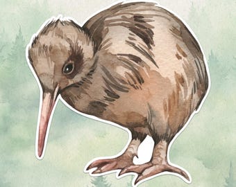 May include: Watercolor illustration of a kiwi bird. The bird is depicted in shades of brown and tan, with a long beak and small legs. The background features a soft green and white forest scene.