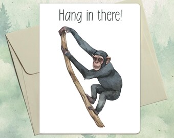 Custom handmade chimpanzee card, Cute animal lover gift, Personalized monkey greeting card