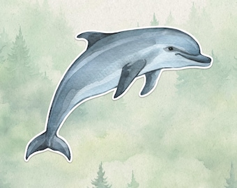 May include: A watercolor illustration of a grey dolphin in a leaping position. The dolphin features shades of light and dark grey with a smooth, curved body, a prominent dorsal fin, two pectoral fins, and a wide tail fluke, outlined in white.