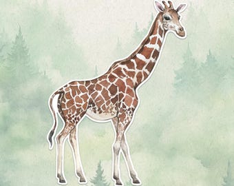 May include: A watercolor illustration of a giraffe featuring a tall neck and a coat with a distinct brown and white reticulated pattern. The giraffe is depicted in a standing profile position with a long tail and four slender legs.
