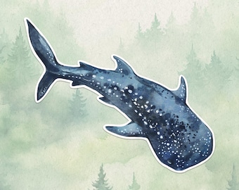 May include: A watercolor illustration of a whale shark featuring a deep blue body with white spots and a broad, flat head. The shark is depicted in a swimming motion with its fins extended, showcasing a detailed texture and gradient blue tones.