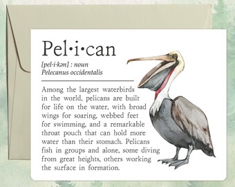 Handgemaakte pelikaankaart, cadeau schattig dierenliefhebber, woordenboekdefinitie wenskaart vogel