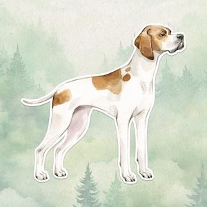 May include: A watercolor illustration of a white dog with brown patches on its head and body, standing in a profile view. The dog has a lean build, pointed ears, and a long tail, depicted with a white border against a pale green forest background.