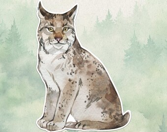 May include: Watercolor illustration of a sitting lynx with a white outline. The lynx has brown and tan fur with dark spots, yellow eyes, and a pink nose. The background features a soft green watercolor wash with silhouetted trees.