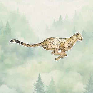 May include: A watercolour illustration of a cheetah in mid-stride, with a light tan coat and black spots. The cheetah is set against a soft green and white background of a forest scene.