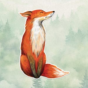 May include: A sticker illustration of a sitting fox with vibrant orange fur, a white chest, and dark brown accents on the legs. The fox is depicted in profile with its head tilted upward, eyes closed, and a long, bushy tail extending to the right.