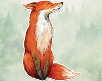 May include: A sticker illustration of a sitting fox with vibrant orange fur, a white chest, and dark brown accents on the legs. The fox is depicted in profile with its head tilted upward, eyes closed, and a long, bushy tail extending to the right.