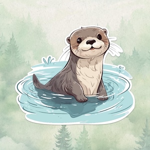 May include: A sticker featuring a brown and cream-colored otter swimming in light blue water. The otter has a smiling expression, dark eyes, and long whiskers. The illustration is rendered in a cartoon style with a white border around the edges.
