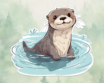 May include: A sticker featuring a brown and cream-coloured otter swimming in light blue water. The otter has a smiling expression, dark eyes, and long whiskers. The illustration is rendered in a cartoon style with a white border around the edges.