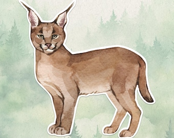 May include: Watercolor sticker of a caracal cat in shades of brown and tan, with a white border. The cat has long, pointed ears and green eyes. The background is a soft green with a forest silhouette.