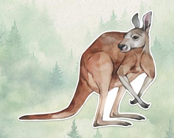 May include: A watercolor illustration of a brown kangaroo standing in profile, facing left with its head turned to the right. The kangaroo features shades of tan and dark brown, with pointed ears, a long tail, and small front paws.