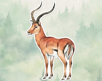May include: Watercolor illustration of an impala sticker. The impala is depicted in shades of brown and tan with curved horns. The background features a soft green and white forest scene.
