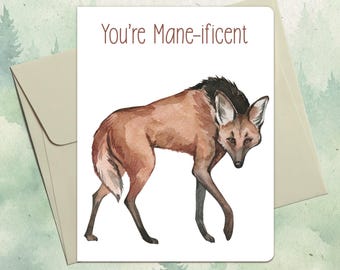 Individuelle handgemachte Mähnenwolf Karte, süsses Tier Geschenk, personalisierte Wolf Grußkarte