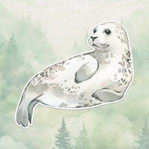 May include: A watercolour illustration of a seal in white, grey, and brown tones. The seal is depicted lying down, with its head turned. The background shows a soft green landscape with stylised trees.