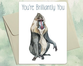 Op maat gemaakte handgemaakte kaart met mandril, cadeau leuk dierenliefhebber, gepersonaliseerde wenskaart aap
