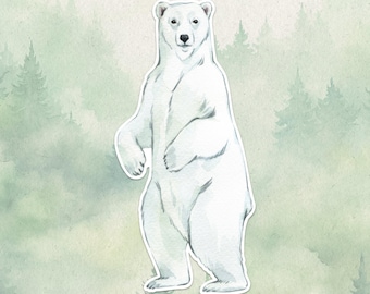 May include: Watercolor illustration of a polar bear standing upright. The bear is white with subtle shading, set against a soft, green and gray watercolor background of a forest.