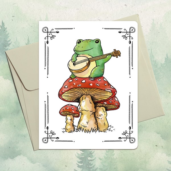 Frog card. Handmade greeting card. Banjo