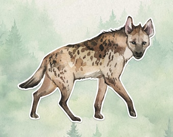 May include: A watercolor illustration of a spotted hyena standing in profile, facing forward. The animal features a tan coat with dark brown spots, a dark muzzle, and pointed ears. The artwork is rendered with visible brushstrokes and textures.