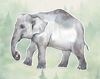 May include: Watercolor illustration of a gray elephant walking, with a white outline. The elephant has a detailed trunk and ears. The background is a soft green with stylized trees, creating a nature-themed design.