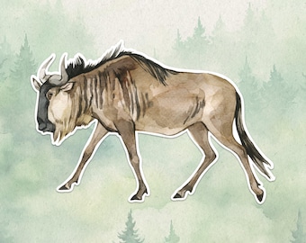May include: A watercolor illustration of a wildebeest with a tan and brown coat, a dark face, curved horns, and a black mane and tail. The animal is depicted in a side profile view, walking forward, with a white outline against a forest background.