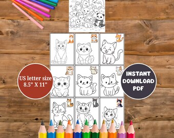 Cat Coloring Page for Kids Printable – Cute Kitten 9-Box Coloring Sheet for Ages 4–12