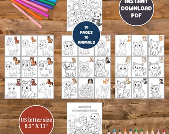 Animal Coloring Book for Kids Printable – 10 Cute Animals, Fun 9-Box Pages for Ages 4–12